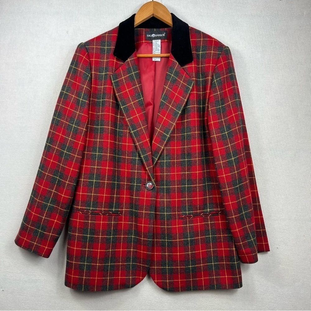 Vintage SAG HARBOR Wool Blend Plaid Blazer Women’s Size 12 Single Button Closure